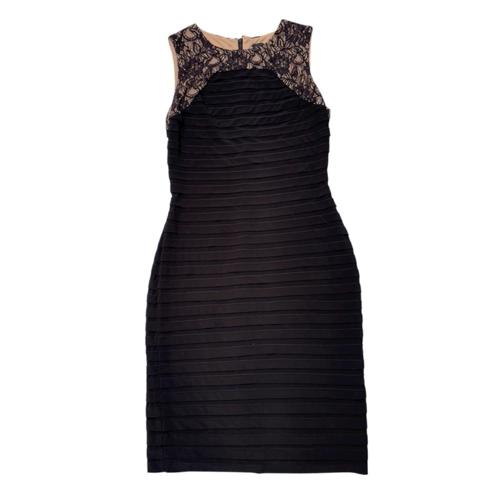 Black Saks Fifth Avenue Sleeveless Lace Pleated Sheath Cocktail Dress Black 6